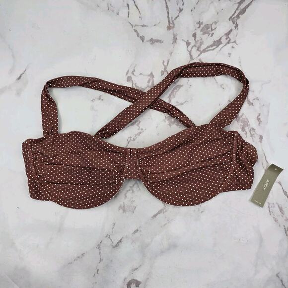 J Crew Swim Top 42DD Brown White Polka Dot Underwire Bikini Sable Bow BF259 - Picture 1 of 10